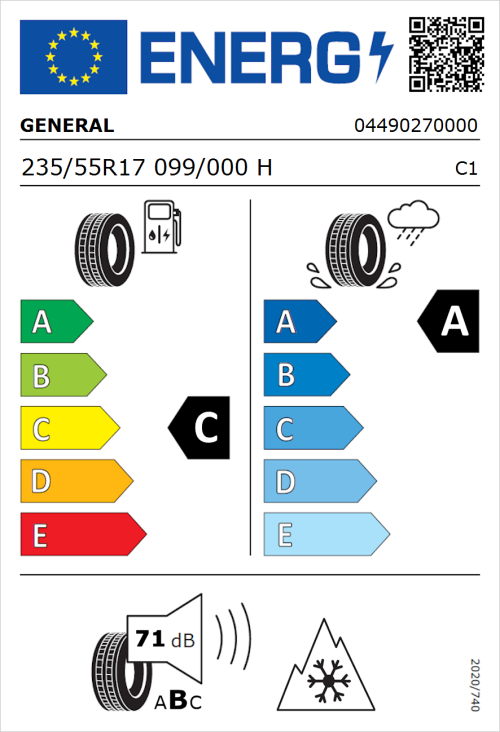 Tyre Label for General Grabber GT Plus 235/55R17 099/000H