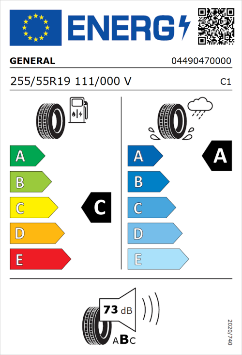 Tyre Label for General Grabber GT Plus 255/55R19 111/000V