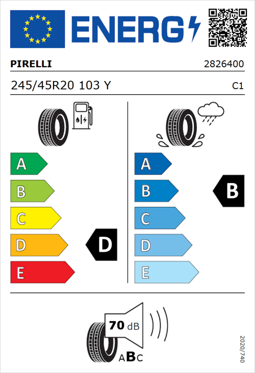 Tyre Label for Pirelli P Zero (PZ4) Sport Car 245/45R20 103Y