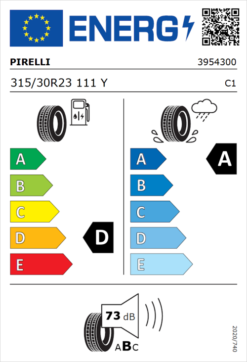 Tyre Label for Pirelli P Zero (PZ4) Sport Car 315/30R23 111Y