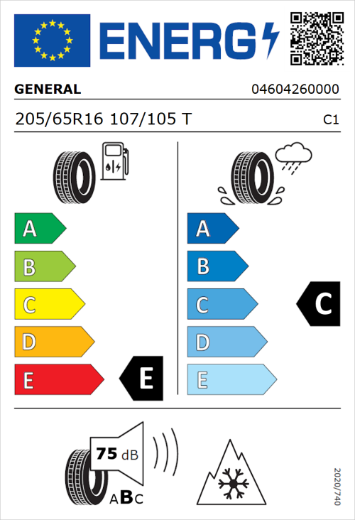 Tyre Label for General Grabber AT 3 205/65R16 107/105T