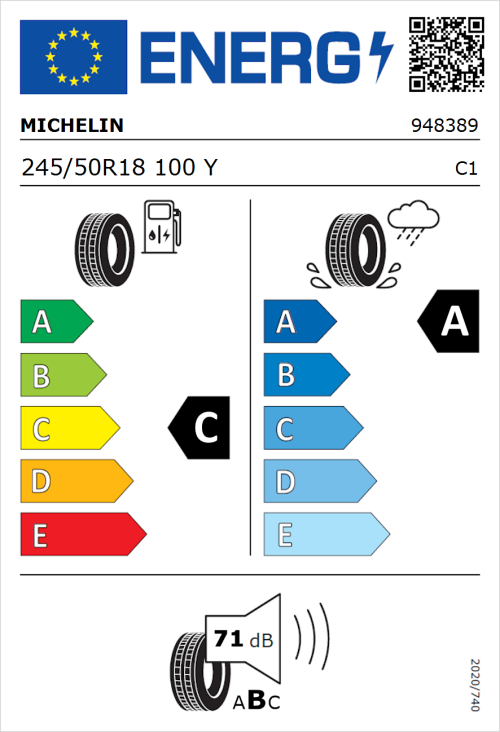 Tyre Label for Michelin Primacy 3 (Zero Pressure) 245/50R18 100Y