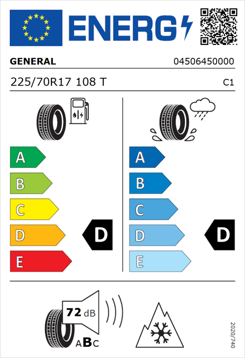 Tyre Label for General Grabber AT 3 225/70R17 108T