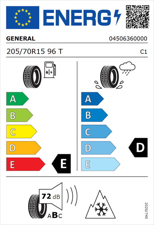 Tyre Label for General Grabber AT 3 205/70R15 96T