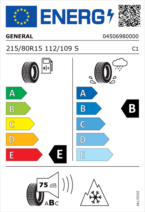 Tyre Label for General Grabber AT 3 215/80R15 112/109S